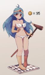 Rule 34 | 1girl, bikini, blue hair, boots, closed mouth, coin, cross-section, diadem, dragon quest, dragon quest iii, elbow gloves, full body, gloves, gold coin, grey background, hand up, highres, holding, holding staff, lamb-oic029, long hair, looking at viewer, navel, red eyes, sage (dq3), simple background, solo, square enix, staff, strapless, strapless bikini, swimsuit, white bikini, yellow footwear, yellow gloves