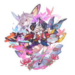 Rule 34 | 2girls, artist request, asymmetrical bangs, ayaha (dragalia lost), black hair, bug, butterfly, dragalia lost, fangs, full body, green eyes, horns, insect, japanese clothes, looking at viewer, mask, mask on head, multiple girls, official art, otoha (dragalia lost), platform clogs, single horn, skirt, transparent background, white hair