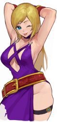 Rule 34 | 1girl, armpits, arms behind head, blonde hair, blue eyes, breasts, cleavage, dress, fatal fury, garou: mark of the wolves, highres, jenet behrn, large breasts, legs, lipstick, long hair, makeup, no panties, one eye closed, oni gini, smile, snk, the king of fighters, the king of fighters xv, thick thighs, thighhighs, thighs, tongue, tongue out, wink