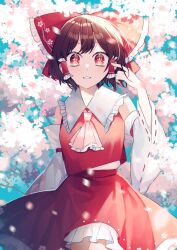 Rule 34 | 1girl, ascot, bare shoulders, bow, breasts, brown hair, cherry blossoms, cowboy shot, detached sleeves, frilled hair tubes, frilled shirt collar, frills, hair bow, hair tubes, hakurei reimu, hand up, light blush, long sleeves, looking at viewer, medium breasts, motion blur, outdoors, parted lips, petticoat, pink ascot, red bow, red eyes, red skirt, red vest, short hair, sidelighting, skirt, skirt set, solo, teeth, toraneko 2, touhou, vest, wide sleeves