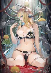 Rule 34 | 1girl, animal print, arm support, bikini, blonde hair, blue eyes, blurry, blurry foreground, bowl, breasts, cleavage, collarbone, cow print, cyborg, dandelion, disembodied hand, eyebrows hidden by hair, feet out of frame, flower, green nails, hand up, holding, holding bowl, holding pen, horns, iltusa, large breasts, light particles, long hair, looking at viewer, midriff, nail polish, navel, open mouth, original, pen, profile, see-through, shawl, signature, sitting, swimsuit, very long hair, wariza, yellow flower