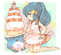 Rule 34 | 1girl, alternate hairstyle, apron, bare legs, barefoot, black tank top, blue eyes, blue hair, bracelet, cake, closed mouth, clothed pokemon, creatures (company), dawn (pokemon), food, froslass, fruit, game freak, gen 2 pokemon, gen 4 pokemon, hair ornament, hand on own hip, hand up, holding, holding whisk, jewelry, katiko, kneeling, long hair, marill, miniskirt, nintendo, pink skirt, plate, pokemon, pokemon (creature), pokemon dppt, ponytail, skirt, smile, strawberry, tank top, whisk, white apron
