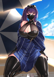 Rule 34 | 1girl, absurdres, black hairband, black thighhighs, breasts, eyewear on head, hairband, hie (hiememiko), hiememiko, highres, large breasts, latex, latex legwear, long hair, mask, mouth mask, original, purple eyes, purple hair, remote control vibrator, sex toy, side ponytail, solo, sunglasses, thighhighs, very long hair, vibrator