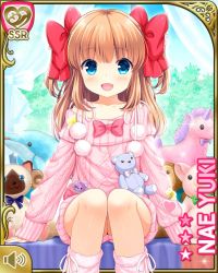 Rule 34 | 1girl, blue eyes, bow, brown hair, character name, girlfriend (kari), hair bow, kneehighs, long hair, no pants, official art, open mouth, pink socks, pink sweater, qp:flapper, ribbon, sitting, smile, socks, solo, stuffed animal, stuffed toy, sweater, teddy bear, turtleneck, two side up, yuuki nae