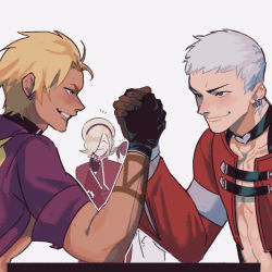 Rule 34 | 4boys, arm wrestling, ash crimson, black gloves, black hairband, blonde hair, brown hair, chris (kof), closed mouth, collar, dark-skinned male, dark skin, earrings, gloves, hair over one eye, hairband, hexermer, highres, jewelry, looking at another, male focus, multiple boys, nanakase yashiro, open mouth, red eyes, shen woo, short hair, short sleeves, simple background, smile, tattoo, the king of fighters, white background