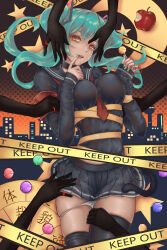 Rule 34 | 1girl, absurdres, apple, aqua hair, aqua nails, arm grab, armband, bitten apple, black choker, black serafuku, black shirt, black thighhighs, breasts, candy, cat tail, caution tape, choker, cityscape, commentary request, envy cat walk (vocaloid), finger to mouth, food, food bite, fruit, hands on another&#039;s face, hands on thighs, hatsune miku, highres, holding, holding candy, holding food, holding lollipop, kaibab, keep out, large breasts, lollipop, long sleeves, looking at viewer, medium hair, miniskirt, nail polish, neckerchief, orange eyes, panties, panty pull, parted lips, pleated skirt, ribbon, sailor collar, school uniform, seductive smile, serafuku, shirt, skindentation, skirt, smile, solo, standing, star (symbol), star in eye, symbol in eye, tail, thighhighs, twintails, underwear, vocaloid, white panties
