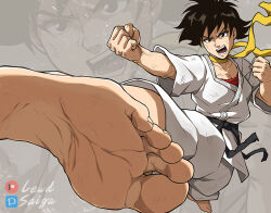 Rule 34 | 1girl, barefoot, belt, black belt, black hair, clenched hands, dirty, dirty face, dougi, feet, foot focus, foreshortening, grey background, kicking, lewdsaiga, makoto (street fighter), multiple views, open mouth, patreon logo, patreon username, pixiv id, pixiv logo, puffy sleeves, red sports bra, scarf, see-through silhouette, shouting, soles, solo, sports bra, street fighter, street fighter iii (series), toenails, toes, tomboy, yellow scarf