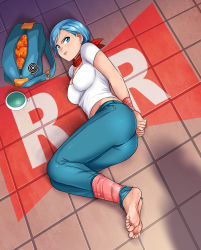 Rule 34 | 1girl, abduction, absurdres, ass, barefoot, bdsm, belly, blue eyes, blue hair, bondage, bound, bound ankles, bound wrists, breasts, bulma, cleavage, denim, dragon ball, dragon ball (object), dragon ball super, dragon radar, earrings, feet, highres, jeans, jewelry, kidnapped, lipstick, lost one zero, makeup, navel, pants, scarf, shadow, shirt, tape, tape bondage, toes, white shirt