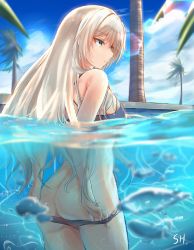 Rule 34 | 1girl, absurdres, an-94 (girls&#039; frontline), ass, bare arms, bare shoulders, bikini, bikini pull, blonde hair, blue bikini, blue eyes, blue sky, breasts, closed mouth, clothes pull, cloud, day, expressionless, from side, girls&#039; frontline, highres, long hair, medium breasts, outdoors, palm tree, partially submerged, partially underwater shot, pool, pulling own clothes, septet (zrca janne), sideboob, sidelocks, signature, sky, solo, standing, swimsuit, tree, tsurime, underwater, very long hair, wading, wet