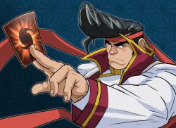 Rule 34 | 1boy, between fingers, black hair, blush, card, foreshortening, frown, hachimaki, hair strand, headband, highres, hitenmaru, holding, holding card, looking at viewer, male focus, noboru gongenzaka, pompadour, red nose, short hair, sideburns, smile, solo, thick eyebrows, upper body, yu-gi-oh!, yu-gi-oh! arc-v