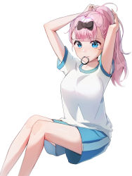 Rule 34 | 1girl, absurdres, adjusting hair, alternate hairstyle, arms up, bare arms, black bow, blouse, blue eyes, blue shorts, blue skirt, blunt bangs, bow, breasts, closed mouth, collarbone, commentary request, feet out of frame, fujiwara chika, garglin, gym uniform, hair bow, hair tie, hair tie in mouth, highres, invisible chair, kaguya-sama wa kokurasetai ~tensai-tachi no renai zunousen~, large breasts, long hair, looking at viewer, mouth hold, pink hair, ponytail, shirt, short sleeves, shorts, simple background, sitting, skirt, solo, striped, tying hair, vertical stripes, white background, white shirt
