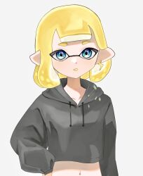 Rule 34 | 1girl, :p, absurdres, black hoodie, blonde hair, blue eyes, commentary request, cropped hoodie, earrings, highres, hood, hoodie, inkling, inkling girl, inkling player character, jewelry, lightning bolt earrings, lightning bolt symbol, medium hair, navel, negi kobito, nintendo, pointy ears, simple background, single earring, solo, splatoon (series), tentacle hair, thick eyebrows, tongue, tongue out, upper body, white background