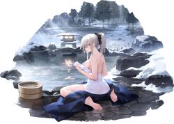 Rule 34 | 1girl, absurdres, artist request, azur lane, back, barefoot, blue kimono, breasts, bucket, feet, grey hair, hair ornament, hair scrunchie, highres, holding, holding towel, japanese clothes, joffre (azur lane), joffre (sublime elysium) (azur lane), kimono, kneeling, lantern, large breasts, legs, long hair, looking at viewer, looking back, naked towel, non-web source, official art, onsen, open mouth, outdoors, parted lips, ponytail, red eyes, scrunchie, shoulder blades, sideboob, sitting, snow, soles, solo, stone lantern, toes, towel, wariza, water, wooden bucket, yukata