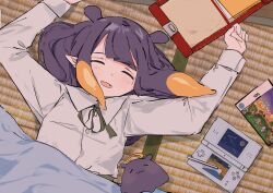 Rule 34 | 08chiwa, 1girl, arms up, closed eyes, fang, handheld game console, highres, hololive, hololive english, long hair, long sleeves, lying, multicolored hair, neck ribbon, ninomae ina&#039;nis, nintendo ds, on back, open mouth, orange hair, pointy ears, purple hair, ribbon, shirt, solo, streaked hair, takodachi (ninomae ina&#039;nis), tentacle hair, under covers, upper body, virtual youtuber, white shirt