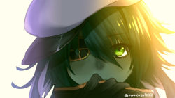 Rule 34 | 10s, 1girl, black gloves, close-up, covered mouth, eyebrows, eyepatch, gloves, glowing, glowing eyes, green eyes, green hair, hair between eyes, hat, kantai collection, kiso (kancolle), looking at viewer, matching hair/eyes, one eye covered, ryuuki (hydrangea), shade, short hair, sketch, solo, twitter username, white hat