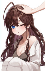 Rule 34 | 1other, ahoge, blue eyes, blush, breasts, brown hair, cleavage, collared shirt, dot nose, earrings, hair intakes, hand on another&#039;s head, headpat, highres, huge ahoge, ichinose shiki, idolmaster, idolmaster cinderella girls, jewelry, kudou (sikisiki0000), long hair, medium breasts, off shoulder, one eye closed, open clothes, open shirt, parted lips, shirt, sidelocks, simple background, single bare shoulder, sleeves past fingers, sleeves past wrists, solo focus, stud earrings, swept bangs, upper body, white background, white shirt
