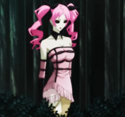 Rule 34 | 1girl, black sclera, breasts, colored sclera, dress, highres, long hair, outdoors, pink hair, screencap, shiki (novel), shimizu megumi, solo, stitched, third-party edit, tree, twintails, undead, zombie