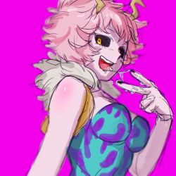 Rule 34 | 10s, 1girl, ashido mina, bare shoulders, black sclera, boku no hero academia, breasts, colored sclera, colored skin, fur trim, horns, looking at viewer, oniyanagi, open mouth, pink background, pink hair, pink skin, saliva, saliva trail, sexually suggestive, shiny skin, short hair, simple background, sketch, solo, tongue, tongue out, vest, yellow eyes