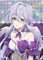 Rule 34 | 1girl, absurdres, bare shoulders, breasts, choker, cleavage, commentary, detached sleeves, dks (dksotti), dress, earrings, facial mark, green eyes, hair intakes, head wings, highres, honkai: star rail, honkai (series), jewelry, long hair, looking at viewer, medium breasts, purple choker, purple hair, robin (honkai: star rail), short sleeves, smile, solo, strapless, strapless dress, symbol-only commentary, upper body, very long hair, white dress, wings