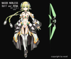 Rule 34 | 1girl, alternate hairstyle, boots, breasts, character name, detached sleeves, ecell, elsword, full body, green eyes, green hair, headgear, long hair, matching hair/eyes, medium breasts, midriff, navel, pointy ears, rena erindel, smile, solo, twintails