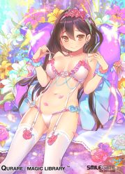 Rule 34 | 1girl, black hair, bra, breasts, cleavage, collarbone, company name, copyright name, earrings, female focus, flower, garter straps, hair between eyes, hair flower, hair ornament, hairband, jewelry, large breasts, lily (flower), lingerie, looking at viewer, navel, panties, petals, popqn, qurare magic library, smile, solo, strap slip, thighhighs, underwear, underwear only, watermark, web address, white bra, white panties, white thighhighs