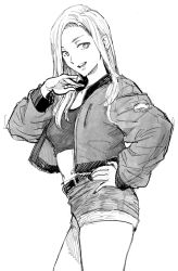 Rule 34 | 1girl, cowboy shot, crop top, earrings, eyebrows hidden by hair, greyscale, hand on own hip, hiro (chumo), jacket, jewelry, midriff, monochrome, navel, open mouth, original, short shorts, shorts, sketch, smile, solo, stud earrings, twisted torso