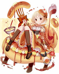 Rule 34 | 1girl, banana, banana slice, blonde hair, bowl, brown eyes, cherry, commentary request, food, food-themed clothes, fork, fruit, givuchoko, hair ornament, highres, juliet sleeves, licking, long sleeves, looking at viewer, maple syrup, mixing bowl, morinaga (brand), original, pancake, personification, puffy sleeves, revision, shirt, short hair, sitting, skirt, smile, socks, solo, souffle pancake, striped clothes, striped socks, syrup, vertical-striped clothes, vertical-striped socks, whipped cream, whisk
