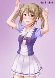 Rule 34 | 1girl, anti (untea9), arms up, bow, bowtie, commentary request, cosplay, double bun, gradient background, hair bun, highres, kantai collection, light brown hair, looking at viewer, michishio (kancolle), one-hour drawing challenge, pleated skirt, puffy short sleeves, puffy sleeves, purple background, purple bow, purple bowtie, purple shirt, sailor collar, sailor shirt, school uniform, serafuku, shirt, short hair, short sleeves, short twintails, skirt, solo, tracen school uniform, twintails, umamusume, white legwear, white sailor collar, white skirt, yellow eyes