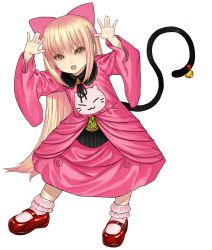 Rule 34 | 1girl, ald, animal ears, arms up, bell, blonde hair, blunt bangs, blush, cat, cat ears, cat tail, child, dress, eyes visible through hair, highres, leaning forward, long hair, looking at viewer, open mouth, original, pink dress, red footwear, simple background, socks, solo, tail, tongue, white background, yellow eyes