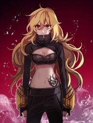 Rule 34 | 1girl, bad id, bad twitter id, blonde hair, breasts, cleavage, corruption, ecru, ember celica (rwby), looking at viewer, navel, red background, red eyes, revealing clothes, rwby, solo, stomach tattoo, tattoo, yang xiao long