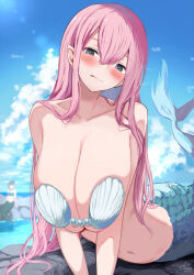 Rule 34 | 2girls, blue eyes, blue sky, blush, breasts, breasts squeezed together, cloud, commentary request, dated, day, highres, huge breasts, long hair, looking at viewer, mermaid, monster girl, multiple girls, navel, ocean, on rock, open mouth, original, outdoors, pink hair, seashell, shell, shell bikini, signature, sky, solo focus, speech bubble, water drop, yuzuki himuka