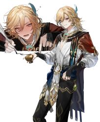 Rule 34 | 1boy, black pants, blonde hair, blush, cape, chalice, cup, earrings, feather hair ornament, feathers, genshin impact, hair between eyes, hair ornament, highres, holding, holding cup, holding quill, jewelry, kaveh (genshin impact), long hair, long sleeves, looking at viewer, male focus, nose blush, open mouth, pants, quill, red eyes, simple background, umenoume, vision (genshin impact), white background, writing