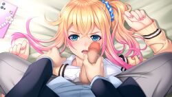 Rule 34 | 1girl, arms up, bed, blue eyes, blush, cellphone, censored, crossed bangs, embarrassed, erocas! ~papakatsu gyaru no wana~, fujimiya haruka, game cg, highres, legs, looking at viewer, mosaic censoring, multicolored hair, on bed, open mouth, original, penis, phone, pov, side ponytail, sitting, sitting on person, sleeves past wrists, thighs, two-tone hair, yoshino keiko