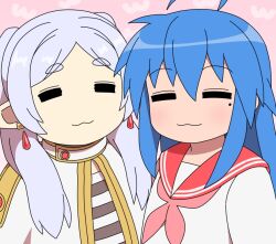Rule 34 | 2girls, :3, arms at sides, blue hair, capelet, closed eyes, closed mouth, crossover, earrings, elf, eyebrows, eyelashes, female focus, frieren, happy, izumi konata, jewelry, kabeume, long hair, lucky star, mole, mole under eye, multiple girls, pink background, pointy ears, red sailor collar, sailor collar, school uniform, shirt, simple background, smile, sousou no frieren, thick eyebrows, twintails, two-tone capelet, upper body, white capelet, white hair, white shirt, yellow capelet