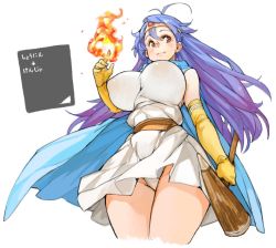 Rule 34 | 1girl, ahoge, blue hair, breasts, cape, circlet, cleavage, dragon quest, dragon quest iii, elbow gloves, covered erect nipples, fire, gloves, large breasts, long hair, panties, red eyes, sachito, sage (dq3), smile, solo, staff, translation request, underwear