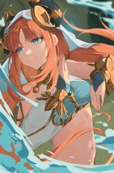 Rule 34 | 1girl, absurdres, aqua eyes, blurry, blurry background, breasts, closed mouth, commentary, detached sleeves, fake horns, genshin impact, hands up, harem outfit, highres, horns, long hair, looking to the side, navel, nilou (genshin impact), orange hair, parted bangs, puffy sleeves, seya 0517, sidelocks, small breasts, smile, solo, stomach, twintails, upper body, veil, water, white headwear
