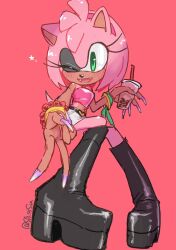 &gt;_o 1girl :d alternate_costume alternate_skin_color amy_rose animal_ears animal_nose black_footwear boots bubble_tea crop_top furry furry_female green_eyes hairband hedgehog_girl highres konjiki_ringo looking_at_viewer one_eye_closed open_mouth pink_background pink_fur pink_hair pink_hairband pink_shirt purple_nails shirt simple_background sitting skirt smile solo sonic_(series) tail tan white_skirt