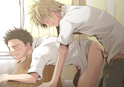 Rule 34 | 2boys, anal, artist request, bent over, blonde hair, blush, bottomless, brown hair, classroom, closed eyes, cum, cum in ass, desk, doggystyle, erection, male focus, male penetrated, multiple boys, on desk, penis, precum, saliva, school, school uniform, sex, sex from behind, tears, undressing, uniform, yaoi