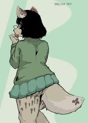 Rule 34 | 1girl, aliasing, black eyes, black hair, dog, furry, furry female, glasses, green background, licking, looking at viewer, looking back, paru, short hair, simple background, solo, tongue, tongue out