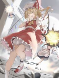 Rule 34 | 1girl, 258n, absurdres, ascot, blonde hair, chain, crystal, explosion, closed eyes, flandre scarlet, frilled shirt, frilled shirt collar, frilled skirt, frilled sleeves, frills, hat, highres, indoors, mob cap, open mouth, puffy short sleeves, puffy sleeves, red footwear, red skirt, red vest, ribbon, shirt, short hair, short sleeves, skirt, smile, solo, touhou, vest, white shirt, wings, yellow ascot