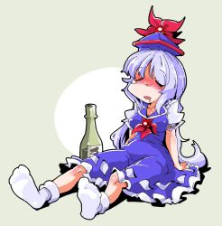 Rule 34 | 1girl, alcohol, blue hair, bottle, bow, dress, drunk, closed eyes, hair bow, hat, highres, kamishirasawa keine, long hair, ribbon, shinapuu, solo, touhou