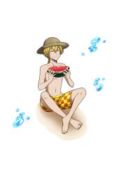 Rule 34 | 1boy, bad source, barefoot, blonde hair, bungou stray dogs, checkered clothes, checkered male swimwear, checkered swimsuit, closed eyes, feet, fingernails, food, freckles, fruit, hair between eyes, hat, indian style, legs, male focus, male swimwear, miyazawa kenji (bungou stray dogs), official art, print male swimwear, print swim trunks, print swimsuit, sand, sitting, smile, straw hat, swim trunks, swimsuit, toenails, toes, topless male, transparent background, watermelon