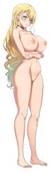 Rule 34 | 10s, 1girl, absurdres, barefoot, blonde hair, blue eyes, blush, breast hold, breasts, choker, claire harvey, cleft of venus, crossed arms, earrings, feet, full body, gradient hair, groin, highres, huge breasts, hundred (light novel), jewelry, long hair, looking at viewer, multicolored hair, navel, nipples, nude, ookuma nekosuke, pussy, shiny skin, simple background, solo, standing, thighs, uncensored, very long hair, white background, wide hips