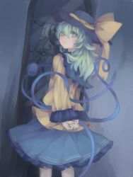 Rule 34 | 1girl, aqua eyes, aqua hair, arms behind back, bad id, bad pixiv id, blood, blood on face, blouse, clenched hands, different reflection, from behind, grey background, hand on mirror, hat, hat ribbon, heart, heart-shaped pupils, heart of string, komeiji koishi, komonashi (spark00), long hair, looking at viewer, looking back, mirror, parted lips, reflection, ribbon, shirt, sketch, skirt, solo, symbol-shaped pupils, third eye, touhou