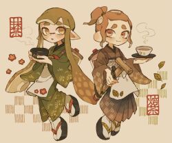 Rule 34 | 1boy, 1girl, :o, brown eyes, brown hair, closed mouth, commentary request, cup, flower, green eyes, green hair, hakama, haori, highres, holding, holding plate, ink tank (splatoon), inkling, inkling girl, inkling player character, japanese clothes, kimono, long hair, nintendo, octoling, octoling boy, octoling player character, okobo, p0m4 p0m4, parted lips, plate, pointy ears, red flower, sandals, short hair, smile, splatoon (series), splatoon 3, steam, tentacle hair, thick eyebrows, white background