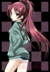 Rule 34 | 10s, 1girl, bad id, bad pixiv id, bare legs, border, casual, checkered background, female focus, food, hands in pockets, long hair, looking back, mahou shoujo madoka magica, mahou shoujo madoka magica (anime), momoco, mouth hold, pocky, ponytail, red eyes, red hair, sakura kyoko, shorts, solo