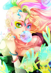 Rule 34 | 1girl, bracelet, breasts, chewing gum, dc comics, delirium, delirium (dc), earrings, female focus, fish, fishnets, flying fish, heterochromia, highres, jewelry, lapel pin, makeup, multicolored hair, nose piercing, nose ring, open clothes, piercing, rainbow hair, ring, shawn yap, solo, the sandman, torn clothes