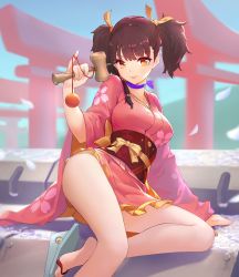 Rule 34 | 1girl, arm support, bare legs, breasts, brown hair, choker, closed mouth, feet, floral print, frill trim, frills, hair tie, highres, japanese clothes, kimono, koutetsujou no kabaneri, leg up, long sleeves, looking at viewer, medium breasts, mumei (kabaneri), nfb-zmc, orange eyes, outdoors, petals, pinky out, ribbon choker, sandals, short kimono, short twintails, sitting, smile, solo, torii, twintails, wide sleeves, yokozuwari