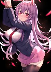 Rule 34 | 1girl, animal ears, black jacket, black thighhighs, blazer, blush, bound, bound wrists, breasts, cowboy shot, hair between eyes, highres, jacket, large breasts, light purple hair, long hair, long sleeves, looking at viewer, necktie, open clothes, open jacket, parted lips, pink skirt, pleated skirt, rabbit ears, red eyes, red necktie, reisen udongein inaba, rope, shirt, skirt, solo, thighhighs, touhou, white shirt, wowoguni