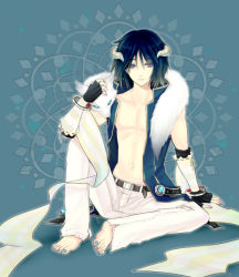 Rule 34 | 1boy, alternate color, animal, animal around neck, bangle, bare pectorals, barefoot, belt, black belt, black gloves, black hair, blue background, bracelet, closed mouth, collarbone, commentary request, demon horns, detached sleeves, elbow gloves, expressionless, eyes visible through hair, feet, fingerless gloves, fox, full body, gloves, horns, jewelry, looking at viewer, male focus, misuguu, no nipples, pants, pectorals, professor (ragnarok online), purple eyes, ragnarok online, redrawn, shirt, short hair, sitting, sleeveless, sleeveless shirt, solo, striped sleeves, white pants, white sleeves, yellow sleeves